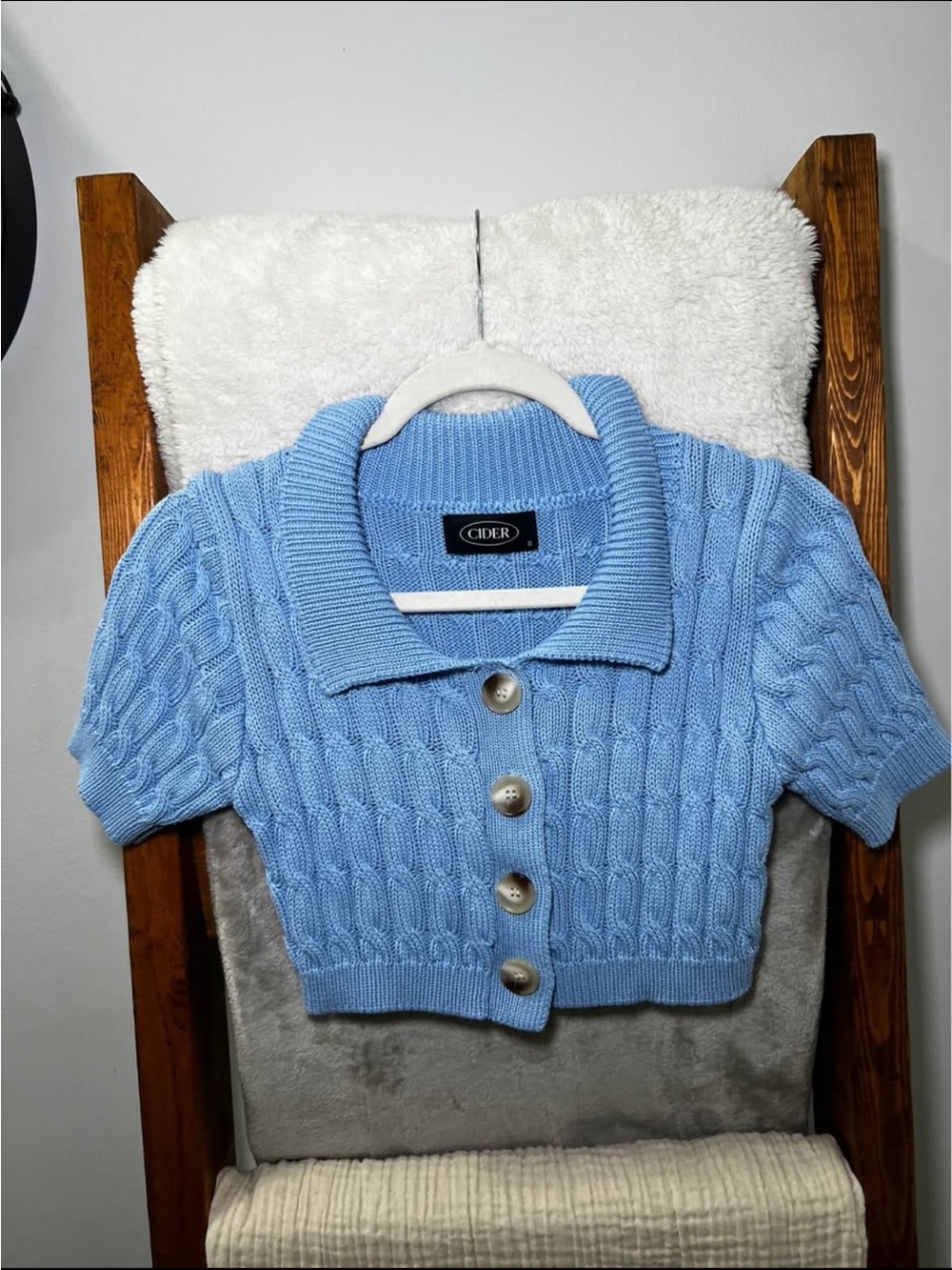 Cider Pastel Blue Cable Knit Cropped Cardigan